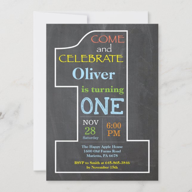 1st Birthday Boy Chalkboard Invitation (Front)