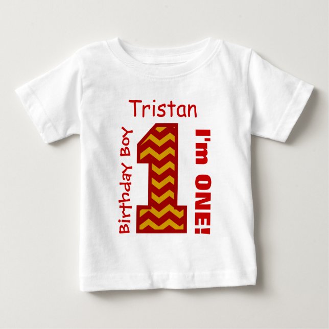 1st Birthday Boy CHEVRON One Year Custom Name V11 Baby T-Shirt (Front)