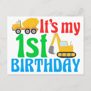 1st Birthday Boy Construction Vehicle Cute Postcard