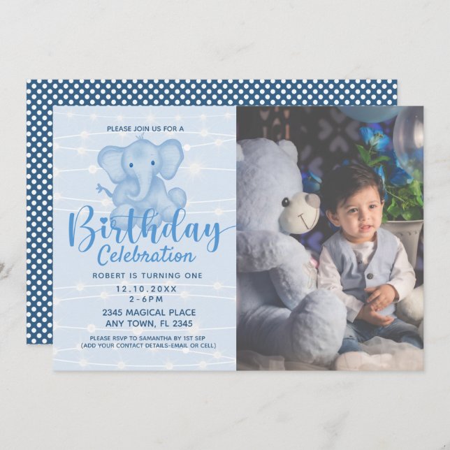 1st Birthday Boy Cute Elephant String Lights Invitation (Front/Back)