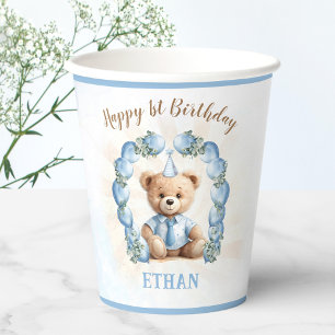 1st Birthday Boy Cute Teddy Bear Blue Balloons Paper Cups
