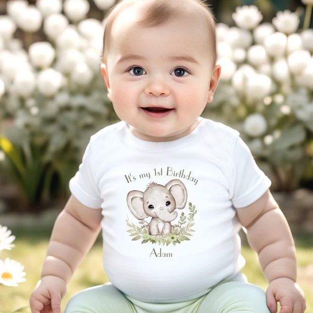1st Birthday Boy Elephant Green Name Baby T-Shirt (1st Birthday Boy Elephant Green Name Baby T-Shirt)