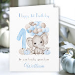 1st Birthday Boy Fall Pumpkin Elephant Balloons Card<br><div class="desc">Cute folded card with an adorable elephant,  big number one,  pumpkins and balloons in soft blue and grey shades for the fall 1st Birthday of a baby boy. Easily personalise this card with your own text. - Kate Eden Art</div>