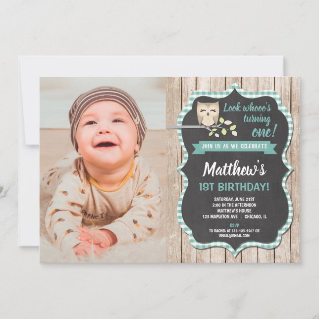 1st birthday boy invitation, woodland owl birthday invitation (Front)