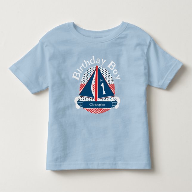 1st Birthday Boy Nautical Sailboat Patterns Toddler T-Shirt (Front)