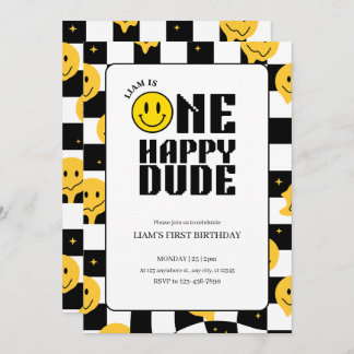 1st birthday boy One happy dude happy emoji  Invitation