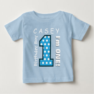 1st Birthday Boy One Year Blue Polka Dots V01G Baby T-Shirt