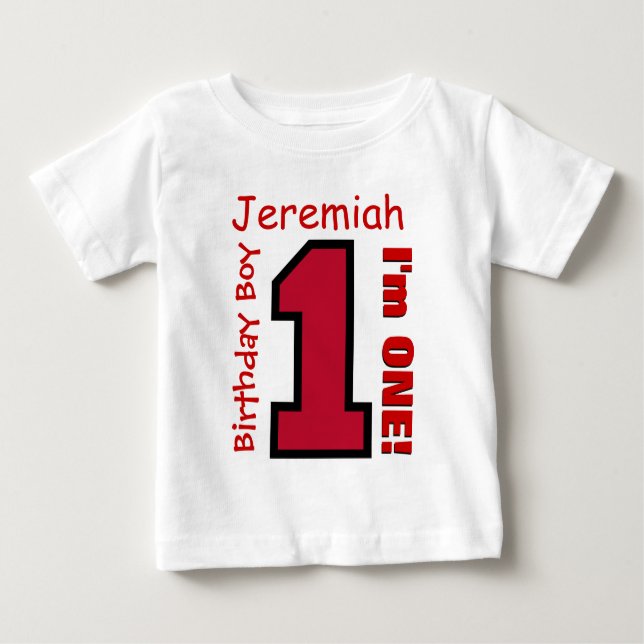 1st Birthday Boy One Year Custom Name Red V01A Baby T-Shirt (Front)