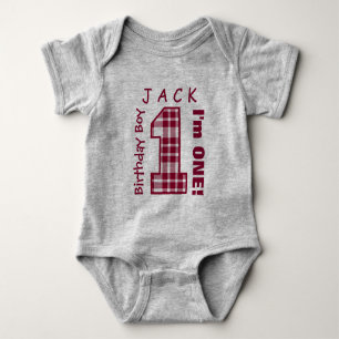 1st Birthday Boy One Year Red Plaid Number V01Q Baby Bodysuit