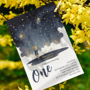 1st Birthday Boy Starry Night Watercolor Photo Invitation