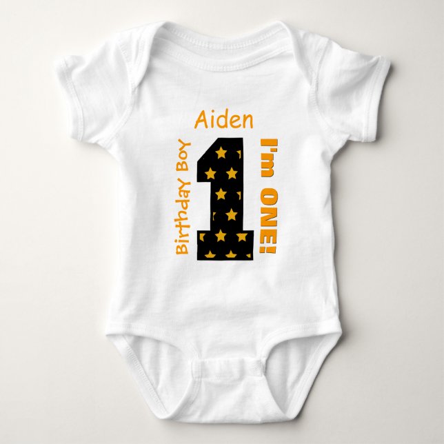 1st Birthday Boy STARS 1 Year Custom Name V14 Baby Bodysuit (Front)