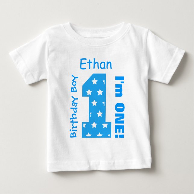 1st Birthday Boy STARS One Year Custom Name V03A Baby T-Shirt (Front)