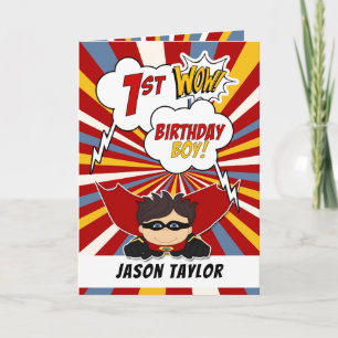1st Birthday Boy Superhero Comic Theme Card