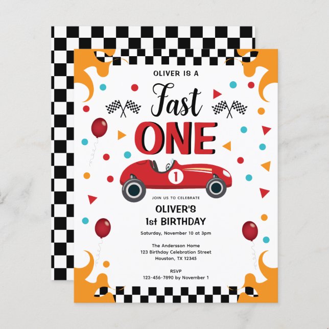 1st Birthday Boy's Racing Car Party Invitation (Front/Back)