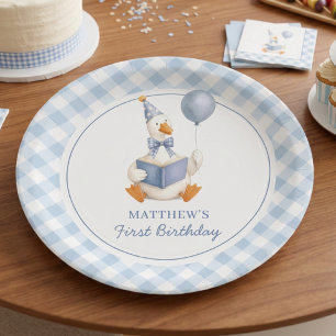 1st Birthday Boy's Silly Goose Blue Gingham Script Paper Plate