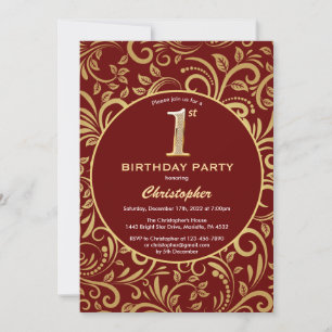 1st Birthday Burgundy Red and Gold Floral Pattern Invitation