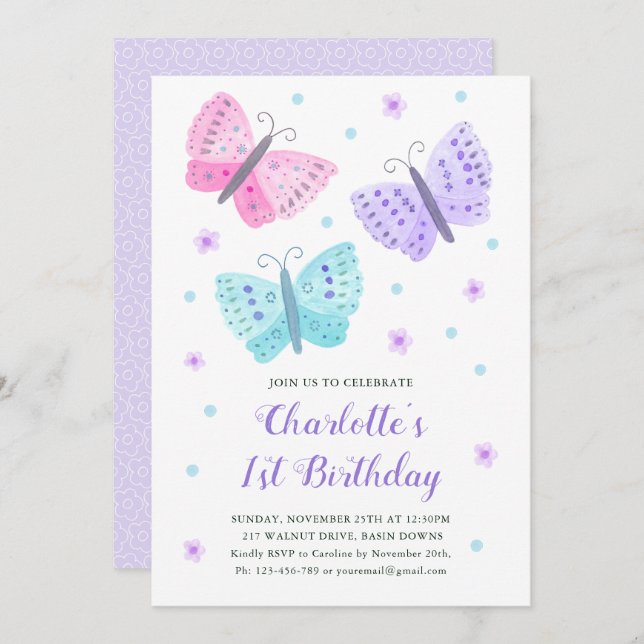 1st Birthday Butterfly Flowers Watercolor Purple Invitation (Front/Back)