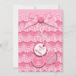 1st Birthday Buttons and Bows Layers Pink Ruffles Invitation