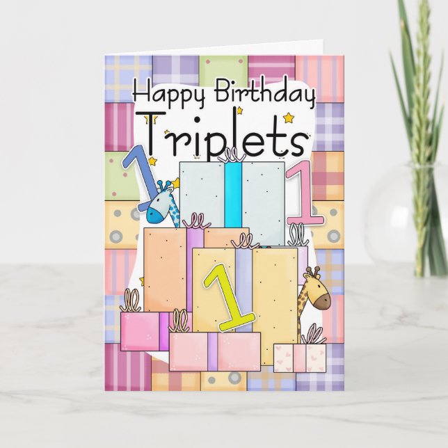 1st Birthday Card For Triplets With Gifts (Front)