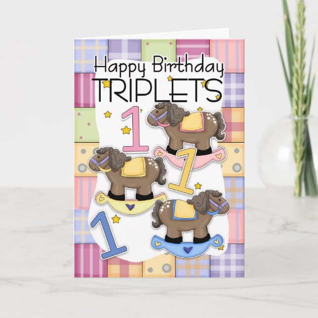 1st Birthday Card For Triplets With Rocking Horses (Front)