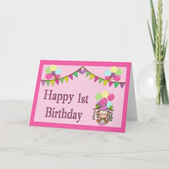 1st Birthday Card - Monkey, Pennants & Balloons (Front)