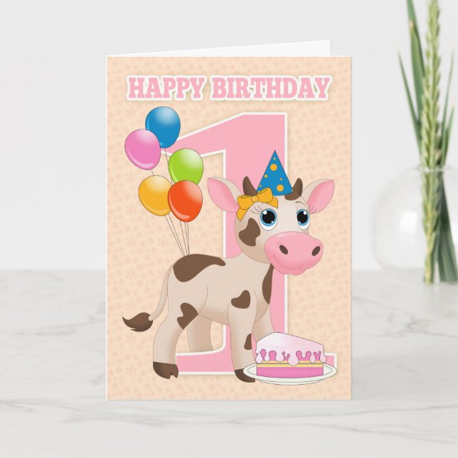 1st Birthday Card With Little Cow Cake And Balloon (Front)