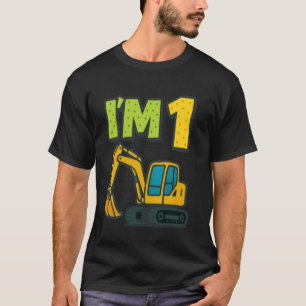 1st Birthday Cartoon Yellow Crawler Excavator 1 On T-Shirt