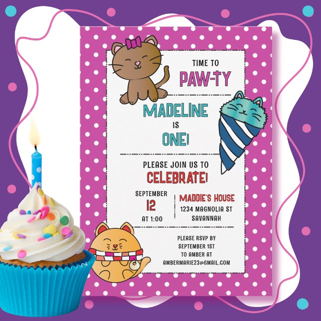 1st Birthday Cat Cartoon Cute Kitten Kids Party Invitation (Creator Uploaded)