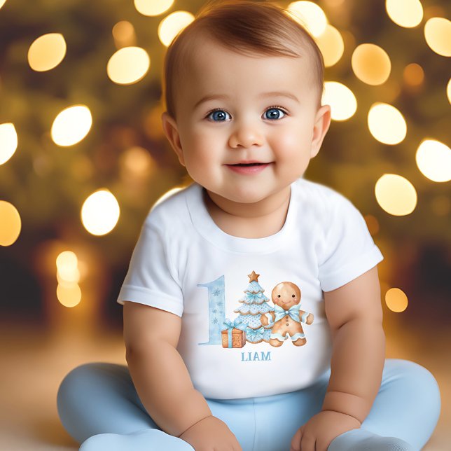1st Birthday Christmas Blue Gingerbread Man Name Baby T-Shirt (1st Birthday Christmas Blue Gingerbread Man Name Baby T-Shirt)