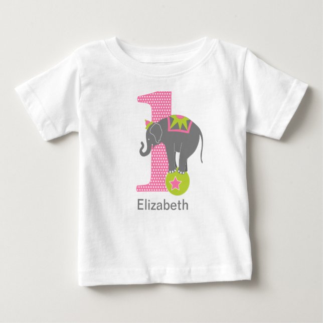 1st Birthday Circus Elephant Pink Baby T-Shirt (Front)
