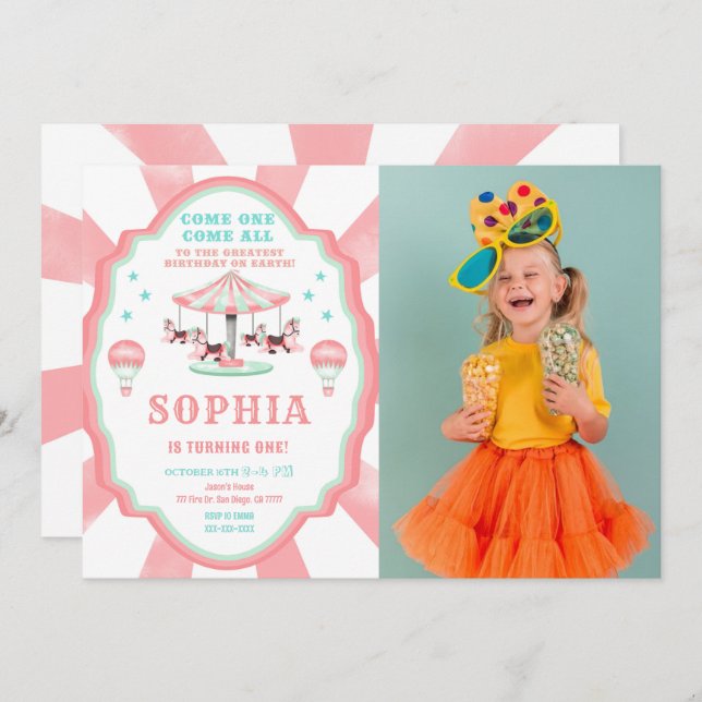1st Birthday Circus Photo Invitation (Front/Back)