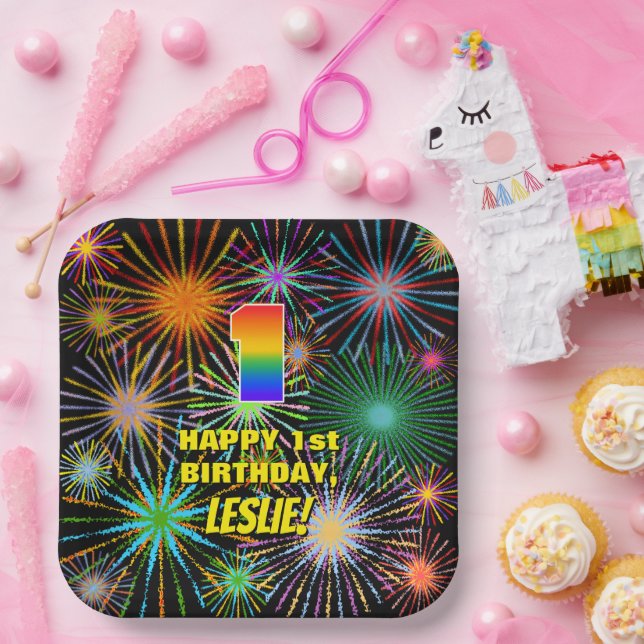 1st Birthday: Colourful, Fun Celebratory Fireworks Paper Plate (Party)