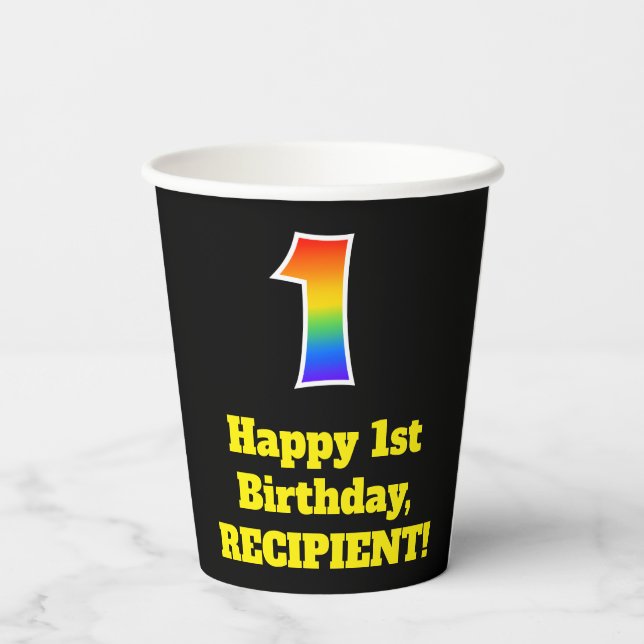 1st Birthday: Colourful, Fun, Exciting, Rainbow 1 Paper Cups (Back)