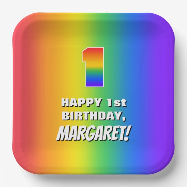 1st Birthday: Colourful, Fun Rainbow Pattern # 1 Paper Plate (Front)