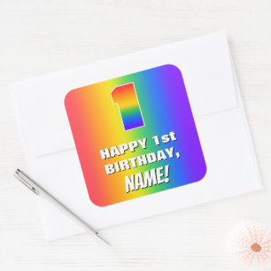 1st Birthday: Colourful, Fun Rainbow Pattern # 1 Square Sticker