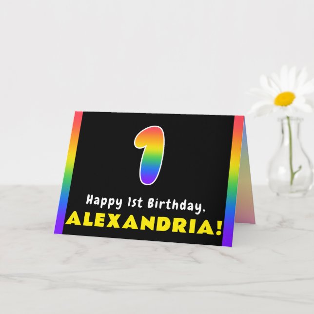 1st Birthday: Colourful Rainbow # 1, Custom Name Card (Small Plant)