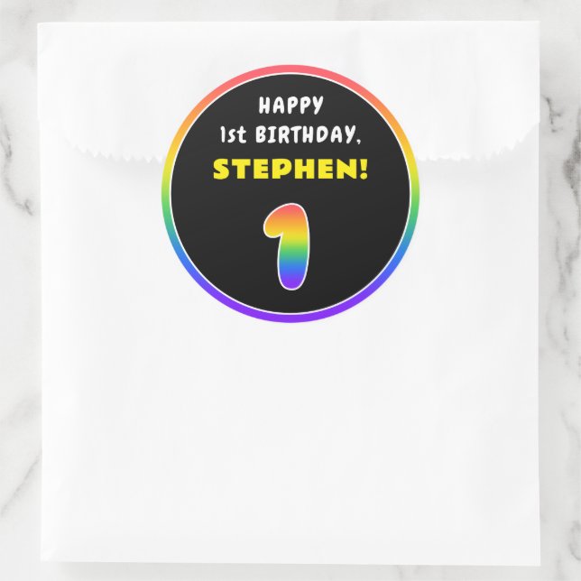1st Birthday: Colourful Rainbow # 1, Custom Name Classic Round Sticker (Bag)