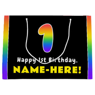 1st Birthday: Colourful Rainbow # 1, Custom Name Large Gift Bag