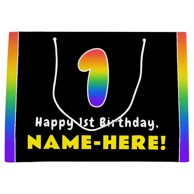 1st Birthday: Colourful Rainbow # 1, Custom Name Large Gift Bag (Front)