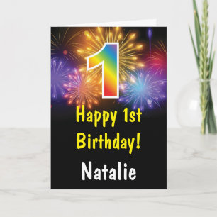 1st Birthday Colourful Rainbow Fireworks Card