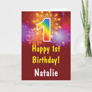1st Birthday Colourful Rainbow Fireworks Red Card