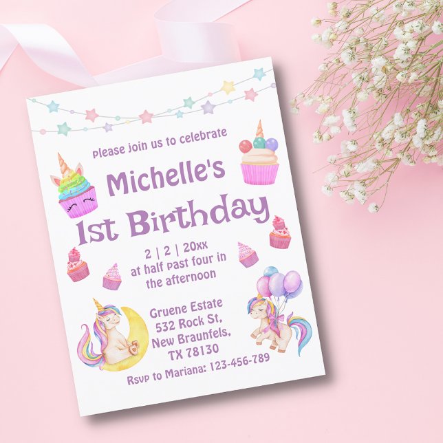 1st birthday colourful unicorns cupcakes purple  invitation (Creator Uploaded)