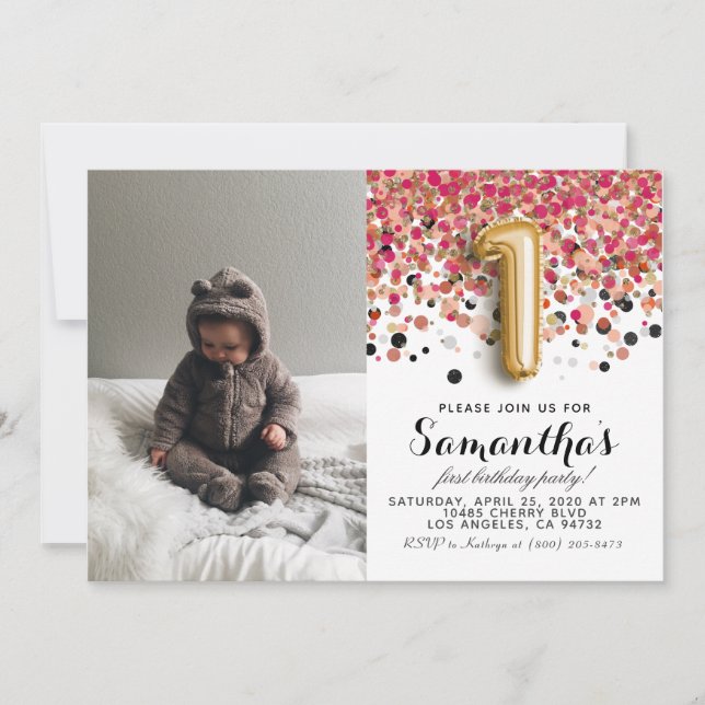 1st Birthday Confetti Portrait Invitation (Front)