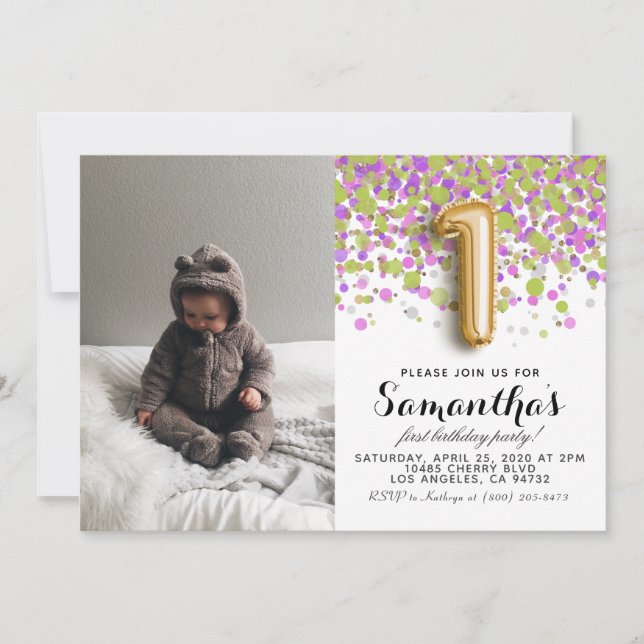 1st Birthday Confetti Portrait Invitation (Front)