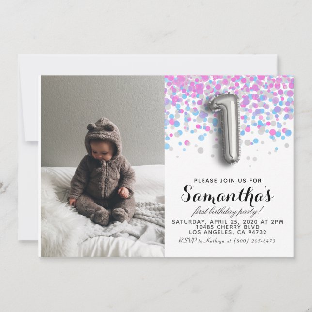 1st Birthday Confetti Portrait Invitation (Front)