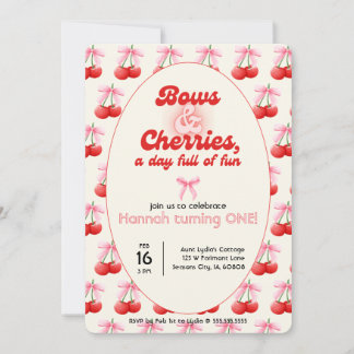 1st Birthday Coquette Cherries Bows Bubble Letters Invitation