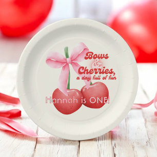 1st Birthday Coquette Cherries Bows Bubble Letters Paper Plate