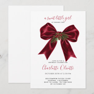 1st Birthday Coquette Red Velvet Bow  Invitation