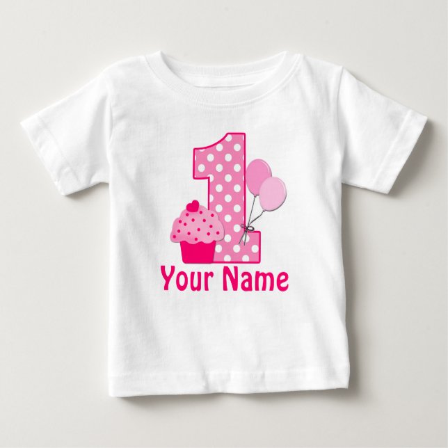 1st Birthday Cupcake Pink Personalised T-shirt (Front)