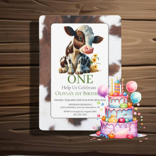  1st Birthday Cute Baby Cow Invitation 